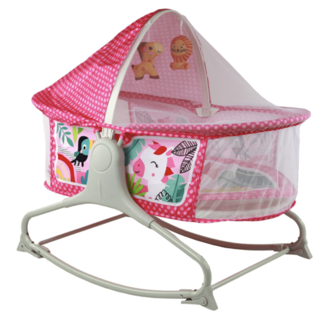 Pătuț Tip Leagăn cu Baldachin, Vibrații și Jucării Suspendate – Roz
