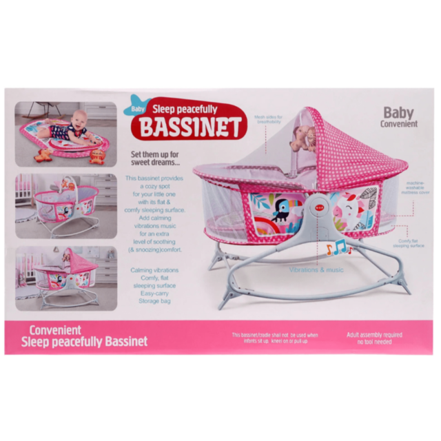 Pătuț Tip Leagăn cu Baldachin, Vibrații și Jucării Suspendate – Roz