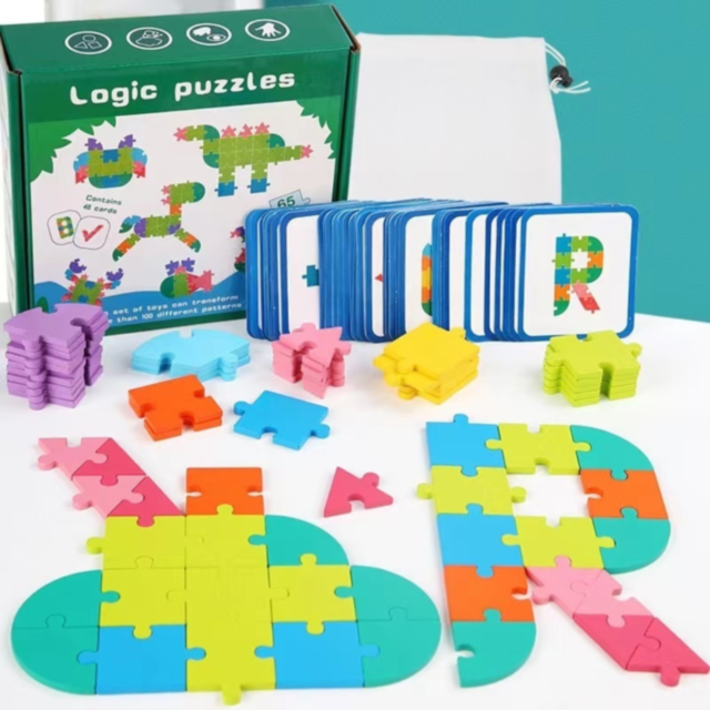 Puzzle Logic Creativ din Lemn - Set educațional cu 48 de cărți și 65 de piese