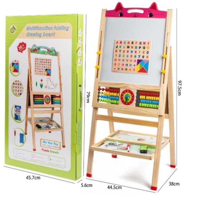 Tablă Educativă Pliabilă din Lemn | Design Pisicuță, Suprafață Dublă Magnetică și Creta