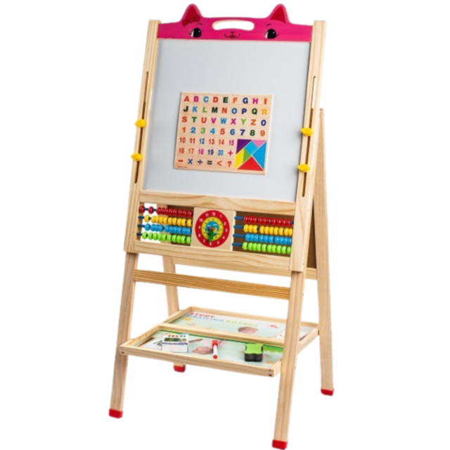 Tablă Educativă Pliabilă din Lemn | Design Pisicuță, Suprafață Dublă Magnetică și Creta