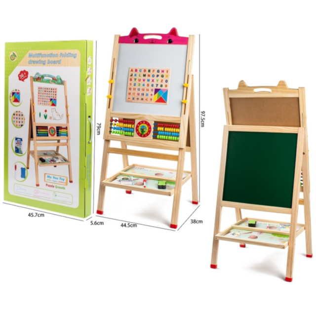 Tablă Educativă Pliabilă din Lemn | Design Pisicuță, Suprafață Dublă Magnetică și Creta