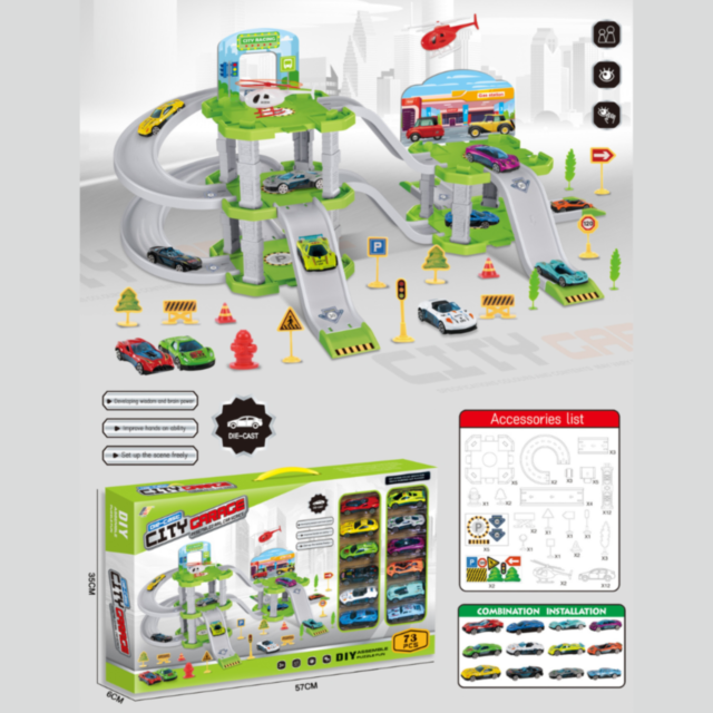 Parcare Multietajată City Garage cu Piste și 12 Mașinuțe, Set de 73 Piese