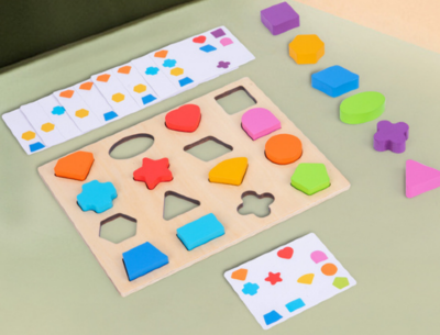 Puzzle Montessori din Lemn cu Forme și Cartonașe de Potrivire | image