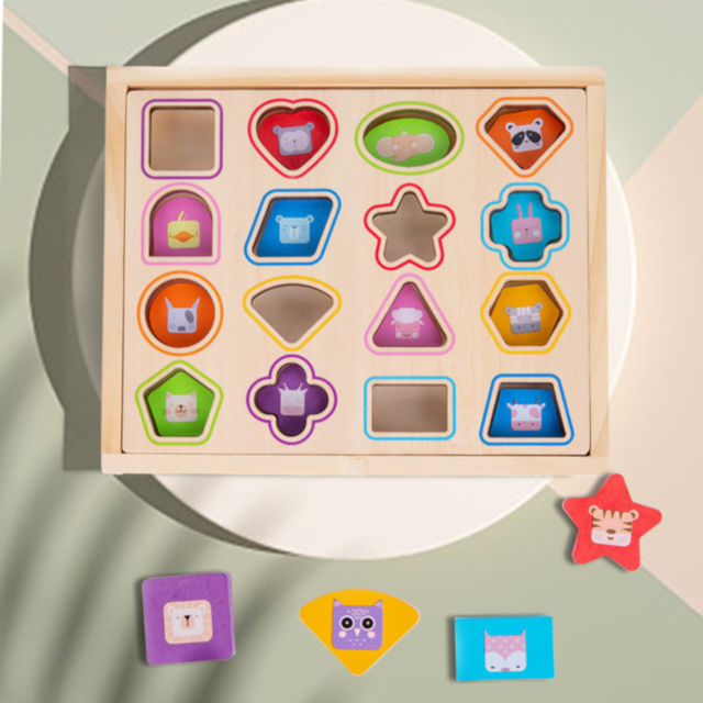 Puzzle Montessori din Lemn cu Forme și Cartonașe de Potrivire