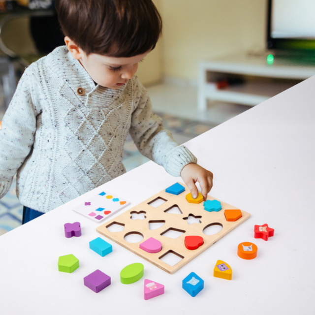 Puzzle Montessori din Lemn cu Forme și Cartonașe de Potrivire