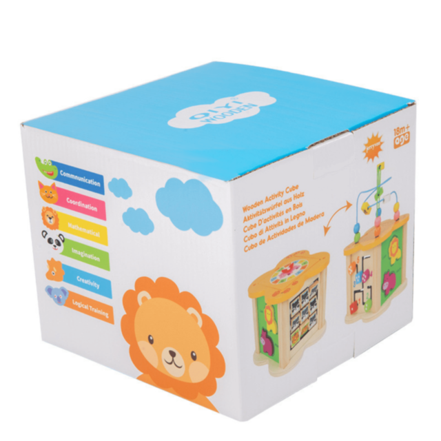 Cub Educativ din Lemn 6 în 1 – Labirint cu Mărgele, Animale, Numere și Forme