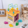 Cub Educativ din Lemn 6 în 1 – Labirint cu Mărgele, Animale, Numere și Forme