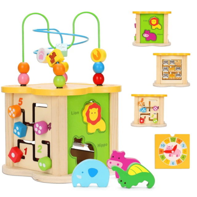 Cub Educativ din Lemn 6 în 1 – Labirint cu Mărgele, Animale, Numere și Forme