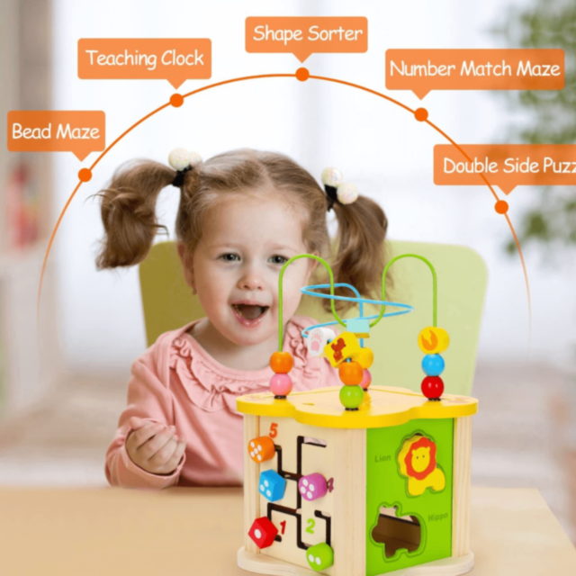 Cub Educativ din Lemn 6 în 1 – Labirint cu Mărgele, Animale, Numere și Forme