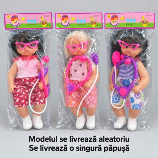 Păpușă de 34 cm cu ochelari și stetoscop