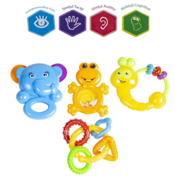 Set 4 Zornăitoare, Elefant, Broscuță, Melc și Inele Colorate