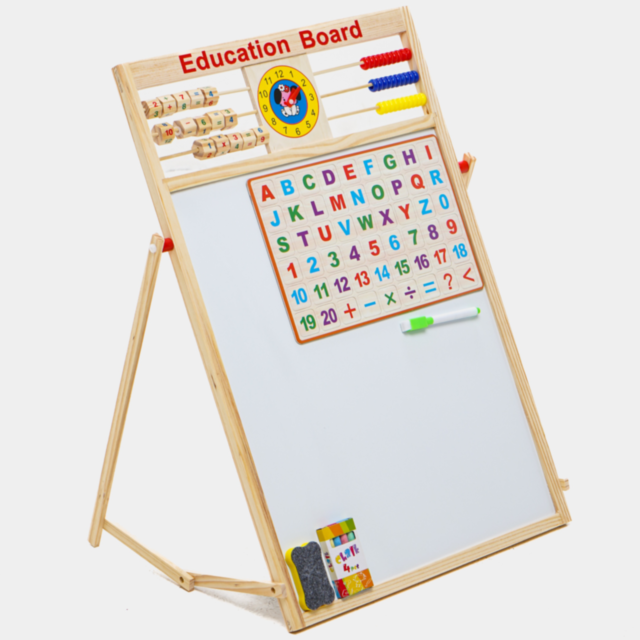 Tablă Educațională din Lemn 2 în 1 cu Abac, Ceas și Magnet
