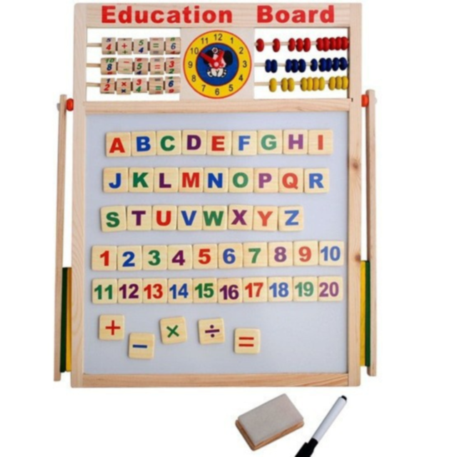 Tablă Educațională din Lemn 2 în 1 cu Abac, Ceas și Magnet