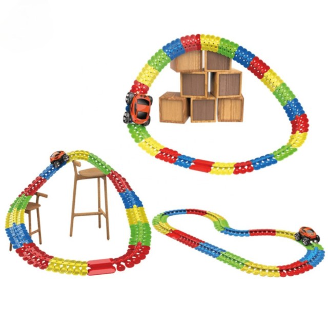 Circuit Flexibil 3D cu 1buc. Mașinuță Luminoasă și Piese Colorate 