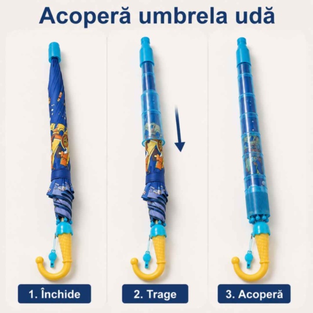 Umbrelă pentru copii cu husă telescopică și fluier