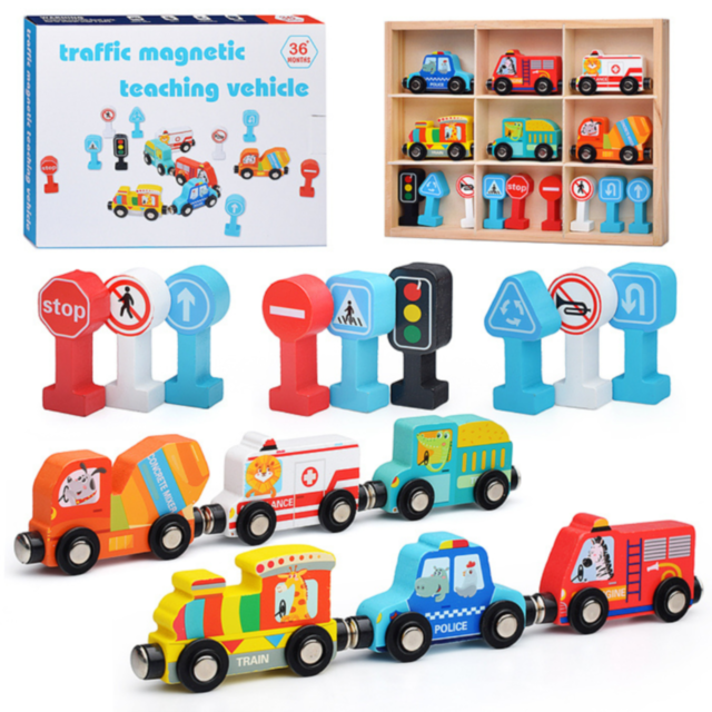 Set Magnetic de Vehicule de Urgență și Semne de Circulație din Lemn