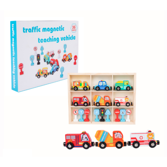 Set Magnetic de Vehicule de Urgență și Semne de Circulație din Lemn