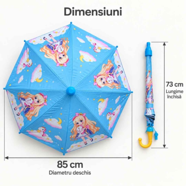 Umbrelă automată pentru copii cu prințesă, unicorni și fluier