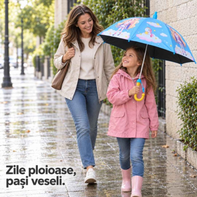 Umbrelă automată pentru copii cu prințesă, unicorni și fluier