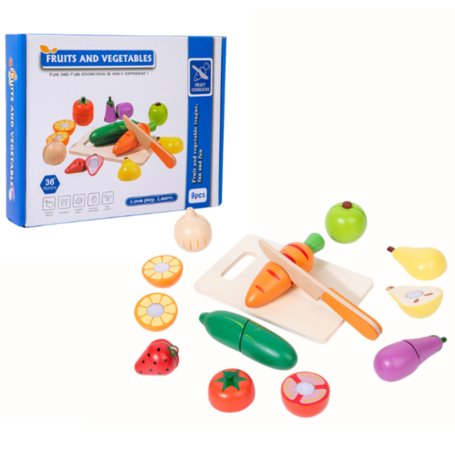 Set Jucării din Lemn "Fructe și Legume de Tăiat" - 9 Piese