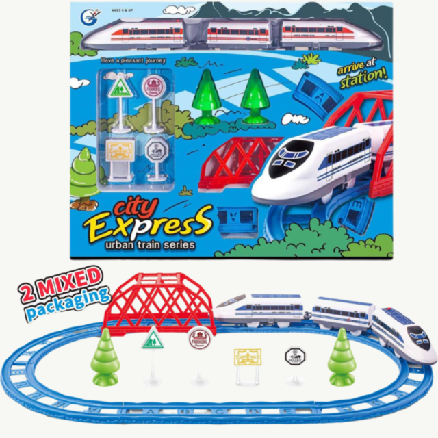 Set Tren Urban City Express cu Șine, Pod și Accesorii (culoare aleatorie)