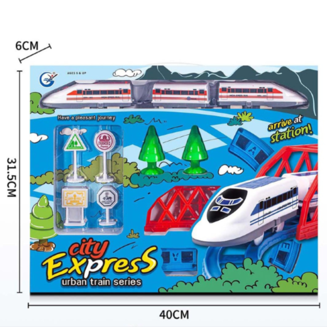 Set Tren Urban City Express cu Șine, Pod și Accesorii (culoare aleatorie)