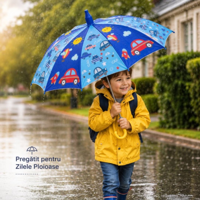 Umbrelă Copii cu Mașinuțe și Protecție Anti-Prindere
