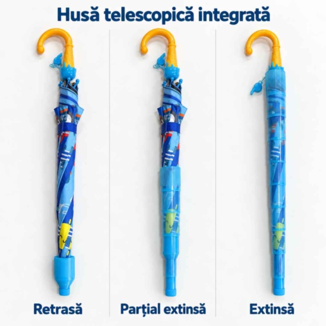 Umbrelă automată pentru copii cu mașinuțe și husă telescopică
