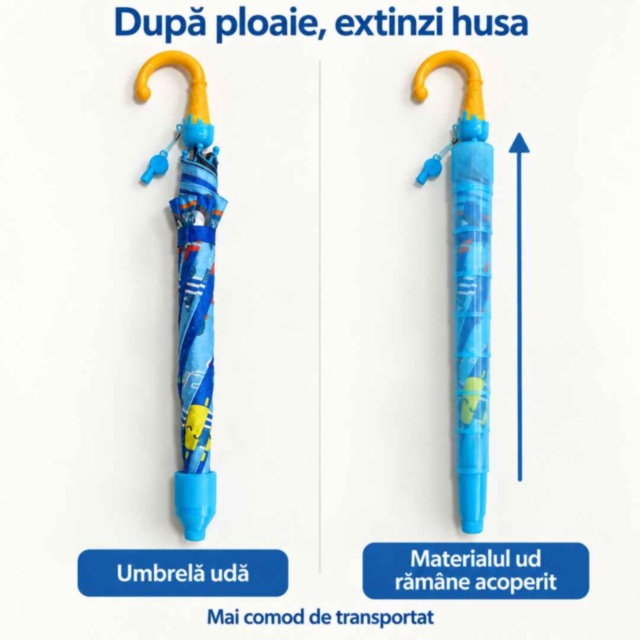 Umbrelă automată pentru copii cu mașinuțe și husă telescopică