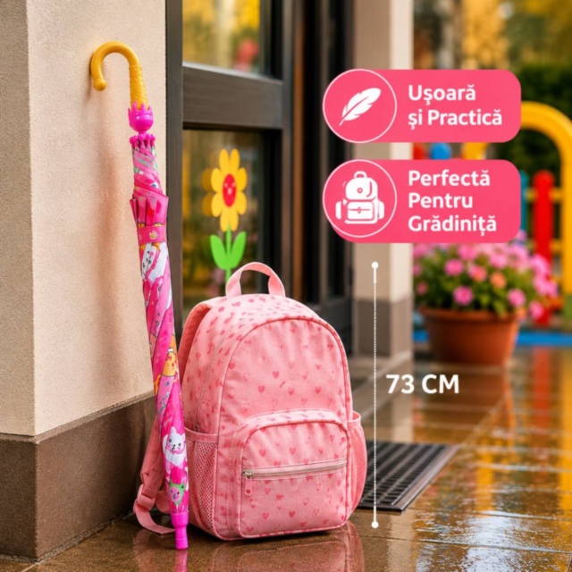 Umbrelă Roz pentru Copii cu Pisicuțe și Animăluțe