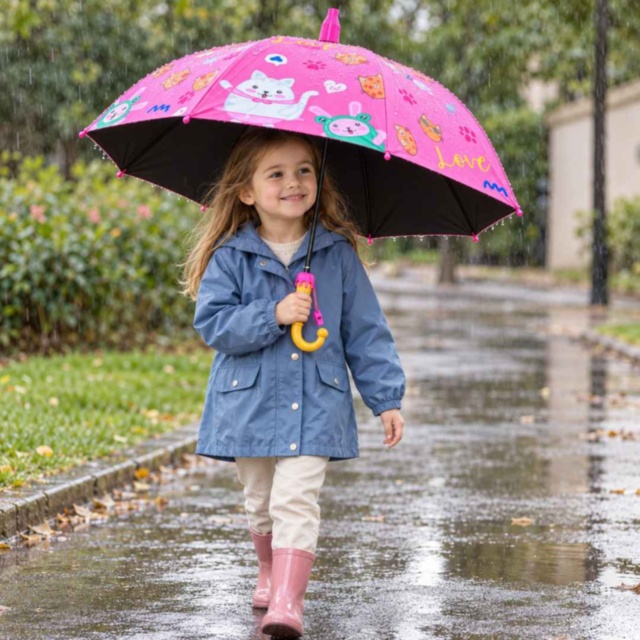 Umbrelă roz pentru fetițe cu pisicuțe și husă telescopică