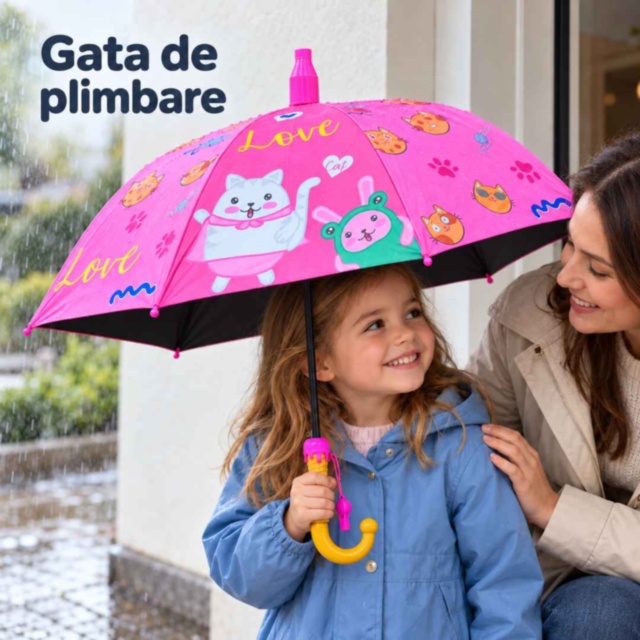 Umbrelă roz pentru fetițe cu pisicuțe și husă telescopică