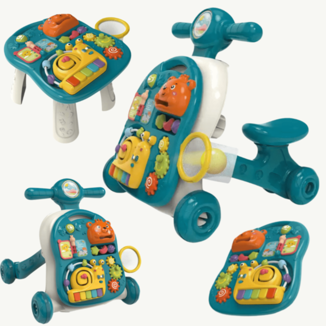 Premergător 4-în-1 pentru Bebeluși | Masă de Joacă, Vehicul și Activități Muzicale 