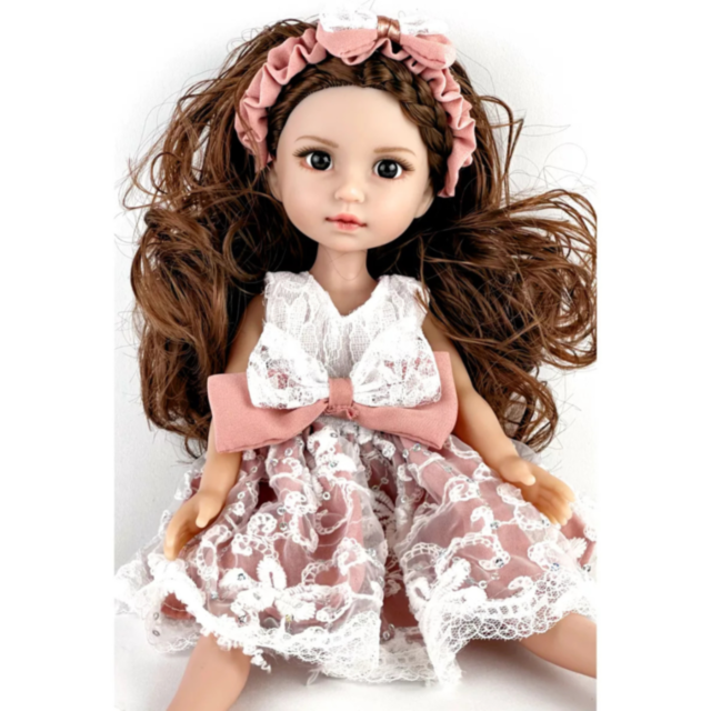 Păpușă Elegantă cu Rochie din Dantelă și Fundă Roz – 35 cm