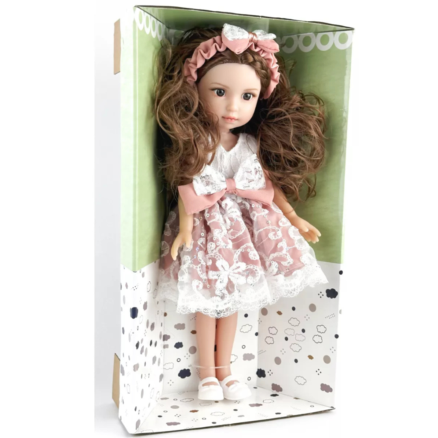 Păpușă Elegantă cu Rochie din Dantelă și Fundă Roz – 35 cm