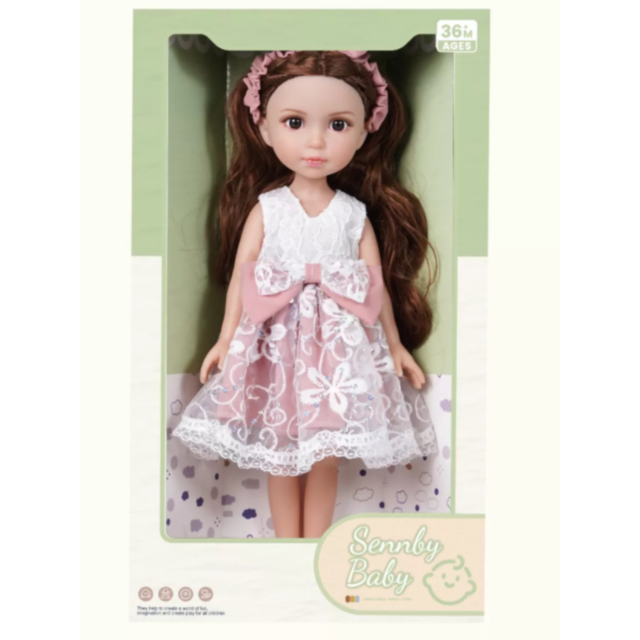 Păpușă Elegantă cu Rochie din Dantelă și Fundă Roz – 35 cm