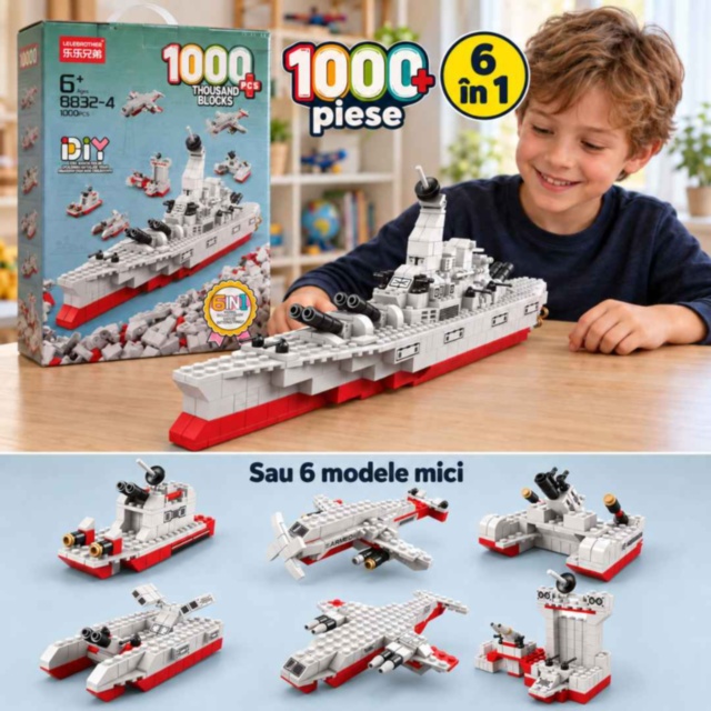 Set construcție 1000+ piese navă militară 6 în 1