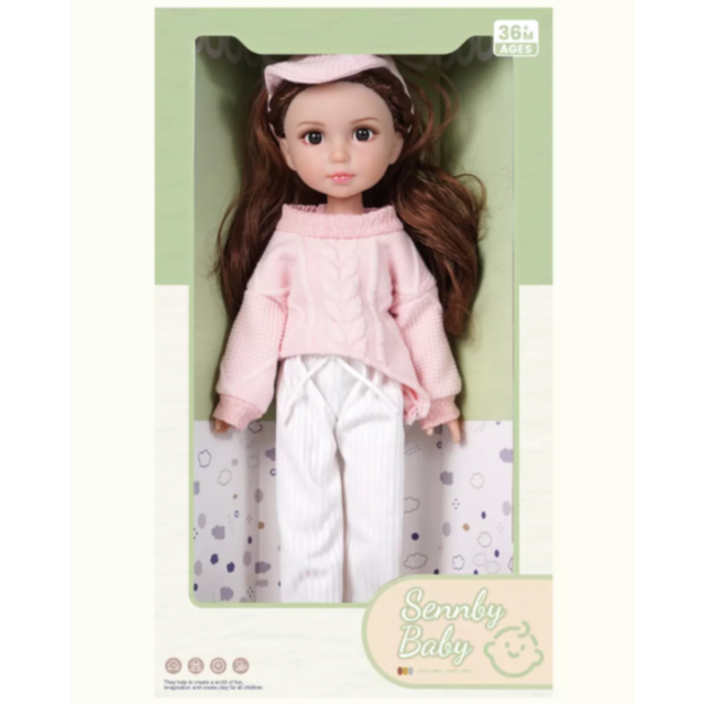 Păpușă Modernă cu Pulover Roz și Pantaloni Albi – 35 cm