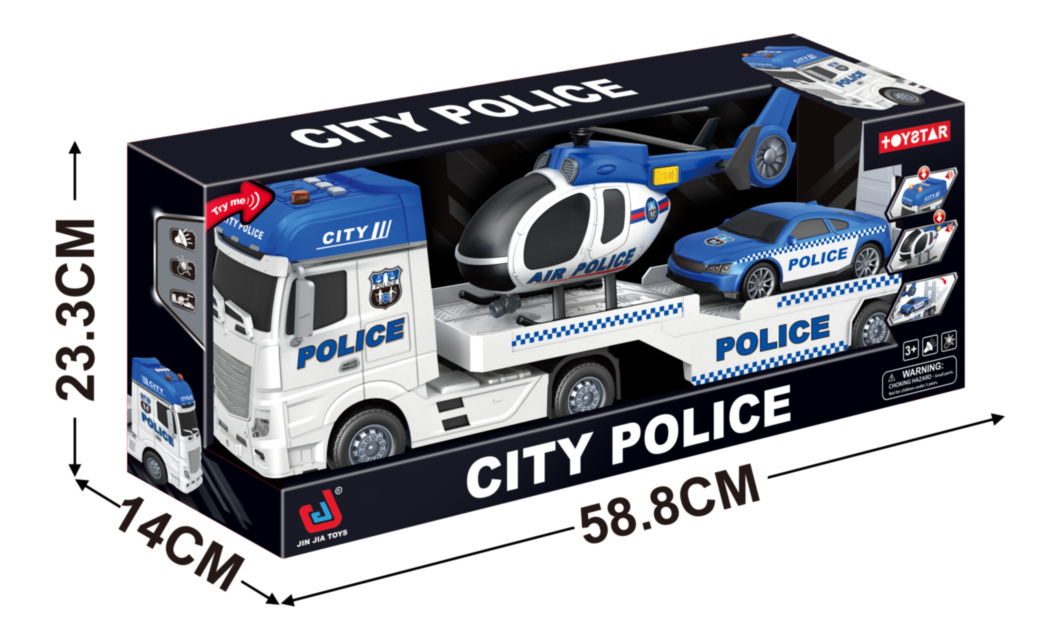 Mega Camion cu Elicopter și Mașină de Poliție cu Sunete Realiste și Luminițe 