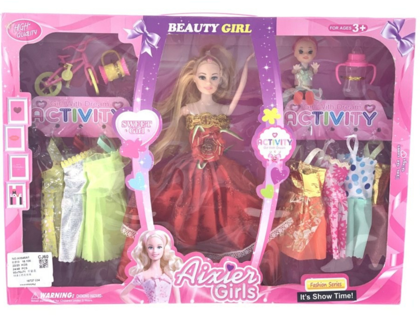 Păpușă cu 10 Rochii de Seară și Bicicletă