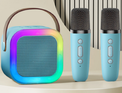 Set Difuzor cu 2 Microfoane pentru Karaoke cu lumini LED (albastru) | image