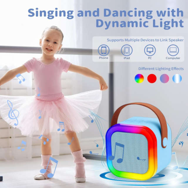 Set Difuzor cu 2 Microfoane pentru Karaoke cu lumini LED (albastru)