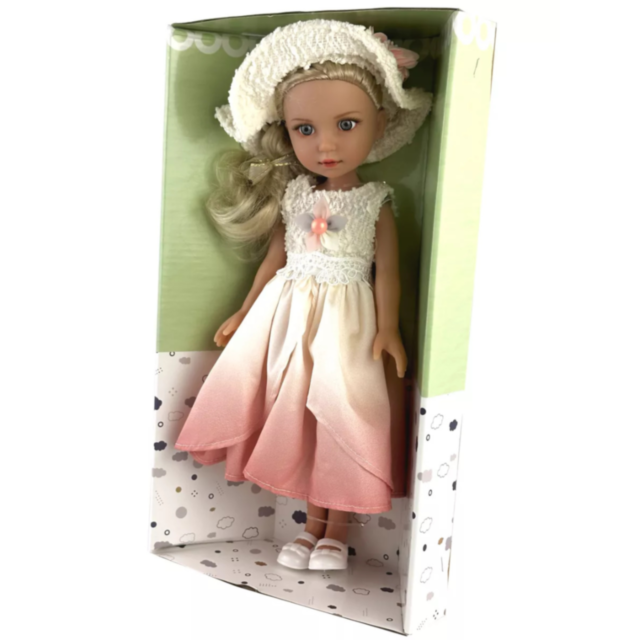Păpușă Elegantă cu Rochie Ombre și Pălărie Texturată – 35 cm
