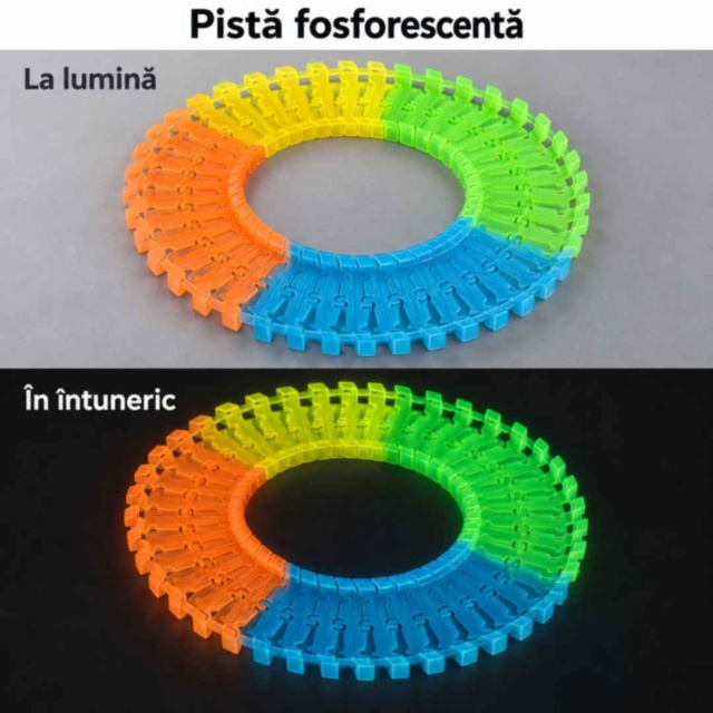 Pistă auto flexibilă fosforescentă cu mașinuță luminoasă inclusă