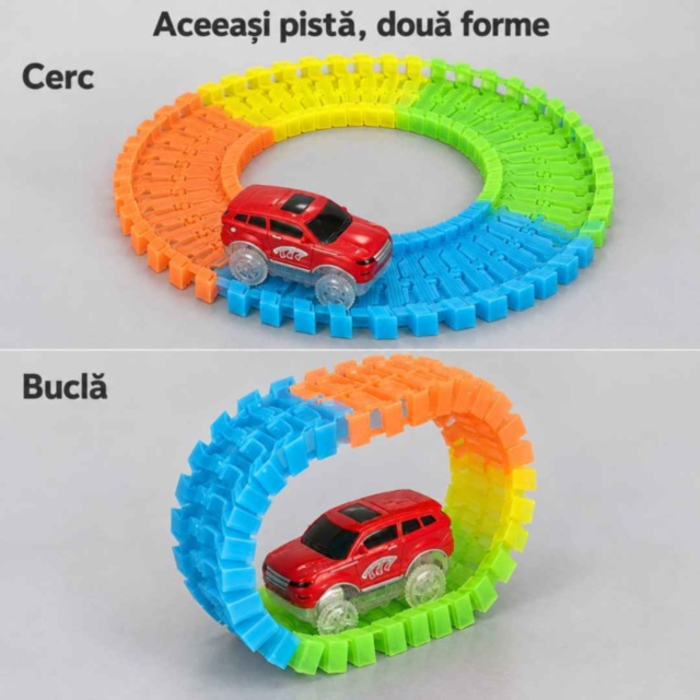 Pistă auto flexibilă fosforescentă cu mașinuță luminoasă inclusă