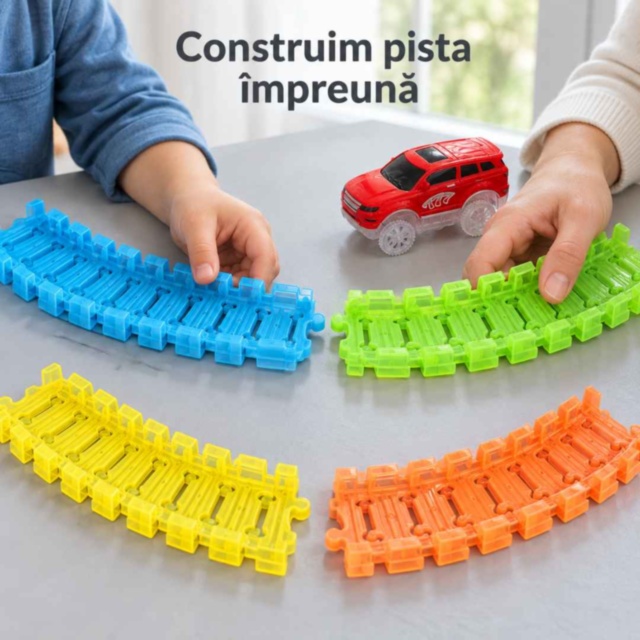 Pistă auto flexibilă fosforescentă cu mașinuță luminoasă inclusă