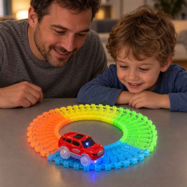 Pistă auto flexibilă fosforescentă cu mașinuță luminoasă inclusă