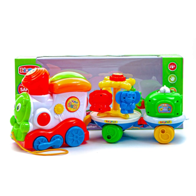 Locomotiva cu 2 Vagoane cu Carusel Rotativ, jucărie de tras