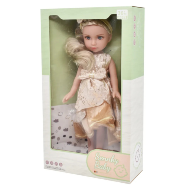 Păpușă Blondă Sennby Baby în Rochie Aurie Elegantă – 35 cm